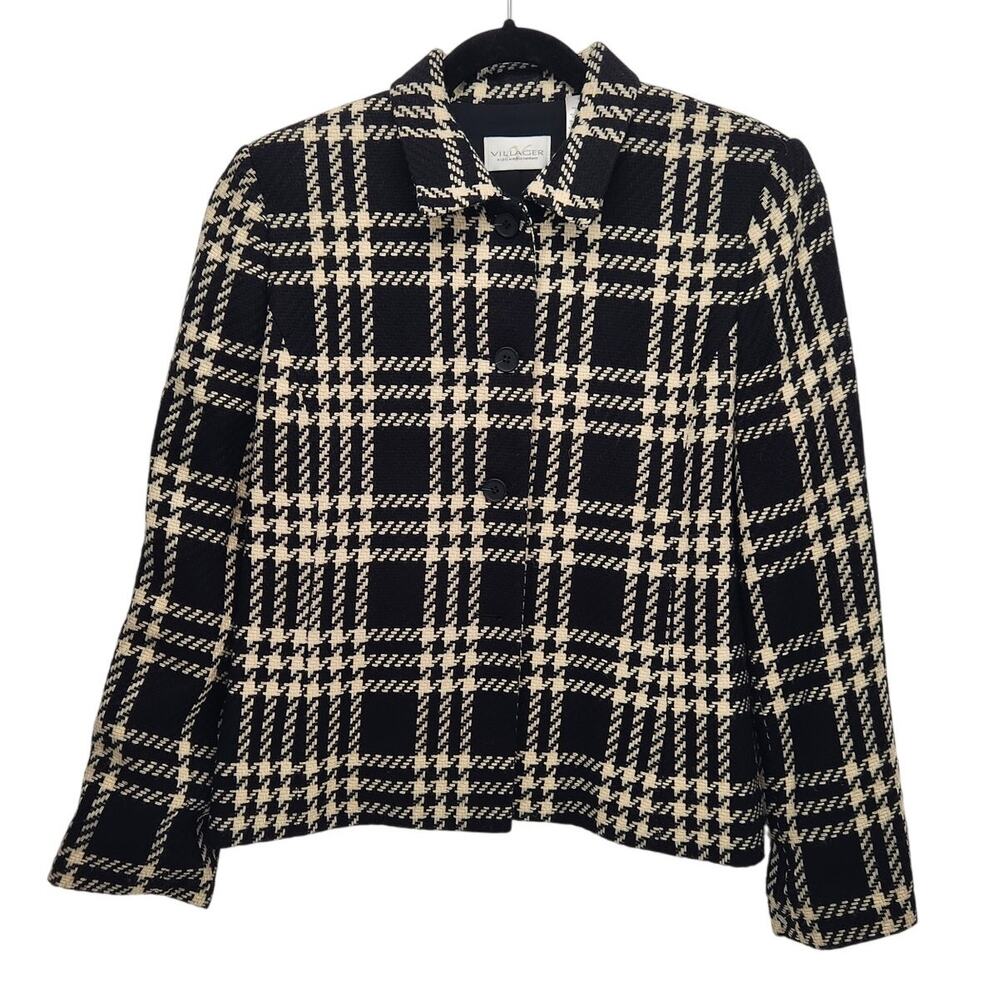 NWT Villager Liz Claiborne Onyx Cream Check Fall Classic Career Jacket Women 10